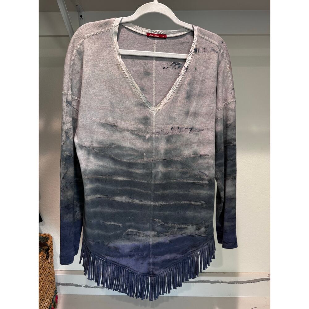 Barbara Lesser Women’s 3/4 Sleeve Fringe Hem Tie Dye Acid Wash Blouse Size M